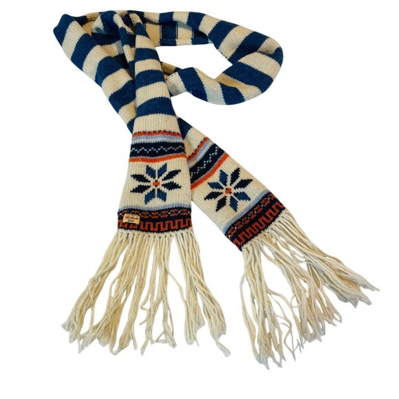 Extra Long 115" Vintage Hollister Lambs Wool Knit Scarf  Fringe Nordic Snowflake - Picture 2 of 8
